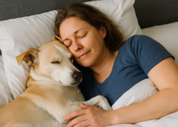 Mulher deitada na cama abraçando um cachorro.