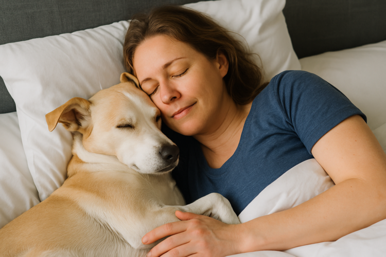 O que acontece se você deixar seu cachorro dormir na sua cama? O resultado de um estudo sobre a qualidade do sono humano 1 Mulher deitada na cama abraçando um cachorro.