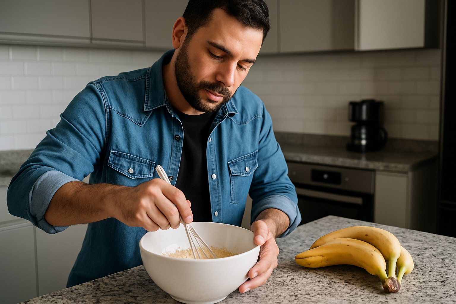 Bolo de banana rápido e fácil: a melhor forma de aproveitar bananas maduras 2 Homem misturando ingredientes em uma tigela na cozinha.