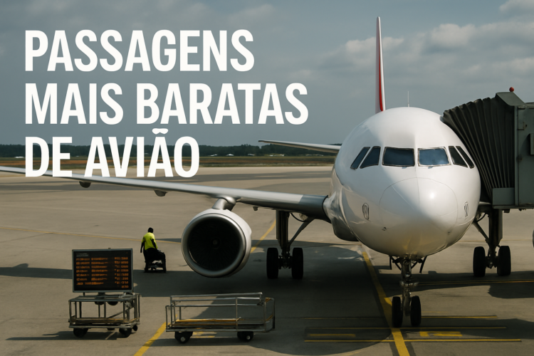 Voo mais barato? Os dias e os horários da semana para comprar passagens aéreas 1 Avião estacionado no aeroporto com texto 'Passagens mais baratas de avião'