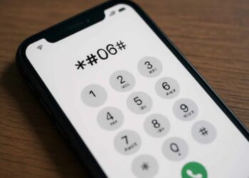 Smartphone com tela mostrando o código *#06# digitado no teclado numérico