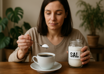Mulher colocando sal no café com uma colher.