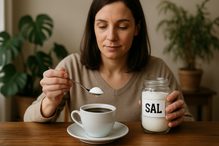 Técnica tradicional em outros países ganha espaço nas receitas brasileiras e realça o sabor do café 1 Mulher colocando sal no café com uma colher.