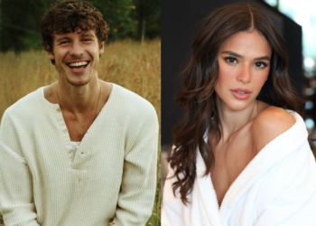 Lado a lado, fotos de Shawn Mendes e Bruna Marquezine. À esquerda, Shawn sorri em um campo dourado usando blusa off-white de botões. À direita, Bruna Marquezine posa com cabelos ondulados e roupão branco.