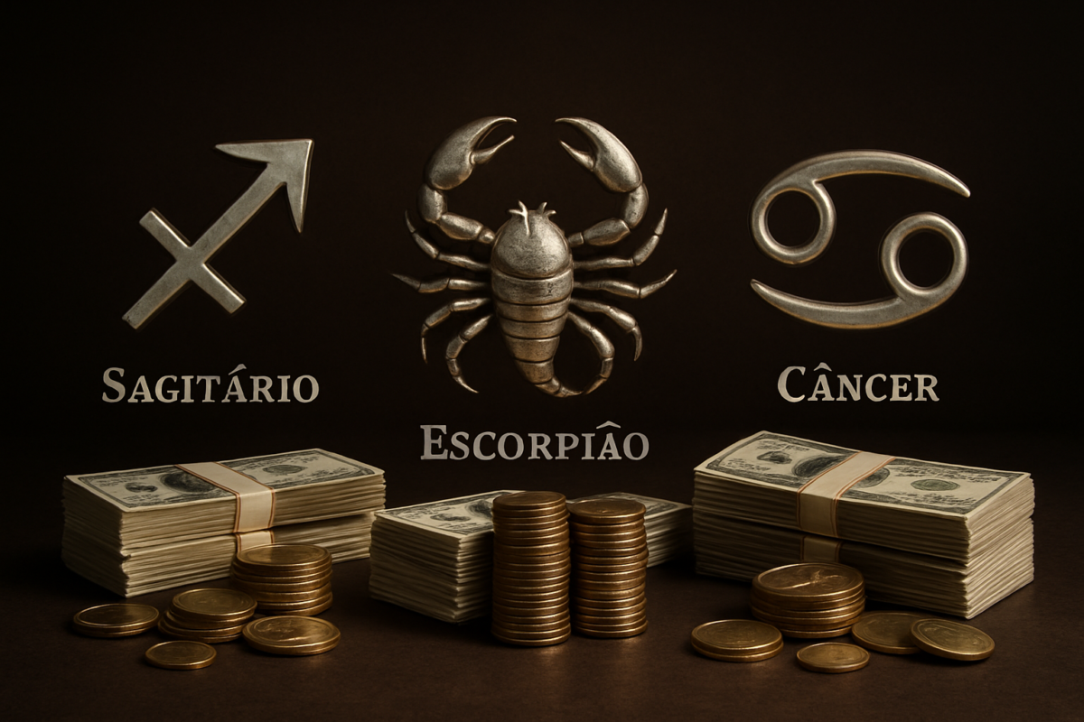 Os 3 signos que terão uma reviravolta financeira positiva neste mês de fevereiro 2 Símbolos dos signos Sagitário, Escorpião e Câncer com pilhas de dinheiro