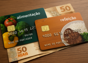 Cartões de alimentação e refeição sobre notas de cinquenta reais