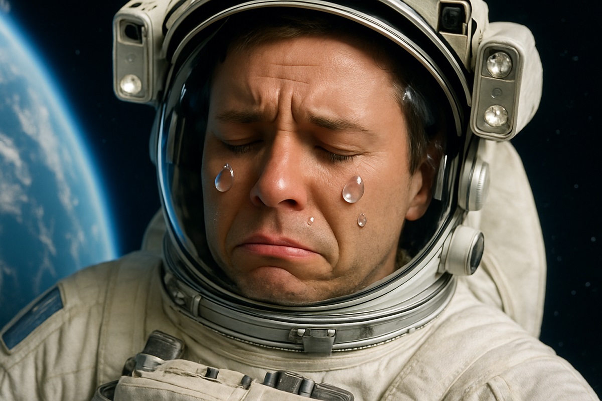 O que acontece se um astronauta chorar no espaço? A física curiosa por trás das lágrimas em gravidade zero 2 Astronauta com lágrimas suspensas no rosto enquanto chora no espaço, diante da Terra