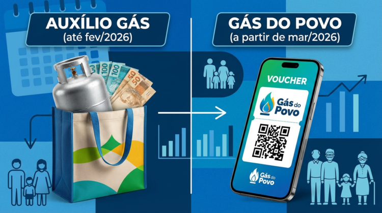 Alerta: Fevereiro é o último mês de pagamento do Auxílio Gás 2 Sacola com botijão de gás e notas de real ao lado de celular exibindo voucher Gás do Povo.