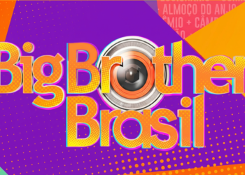 Logotipo Big Brother Brasil centralizado com câmera estilizada e fundo de cores fortes