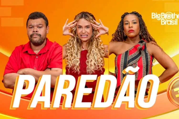 BBB 26: resumo da madrugada após eliminação e início da manhã agitada na casa 1 Três participantes em frente a fundo laranja, com expressões tensas e palavra paredão destacada.