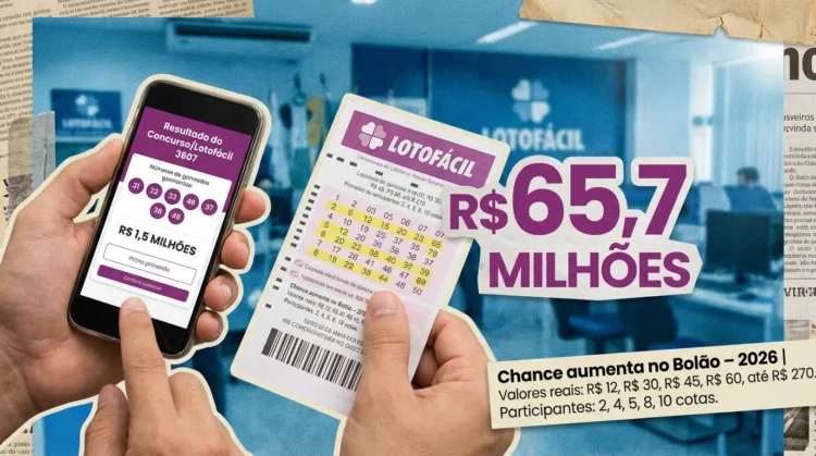Fezinha de Segunda-feira: Saiba como aumentar suas chances com os bolões oficiais da Caixa 2 Mãos seguram celular com resultado da Lotofácil e bilhete impresso em escritório.