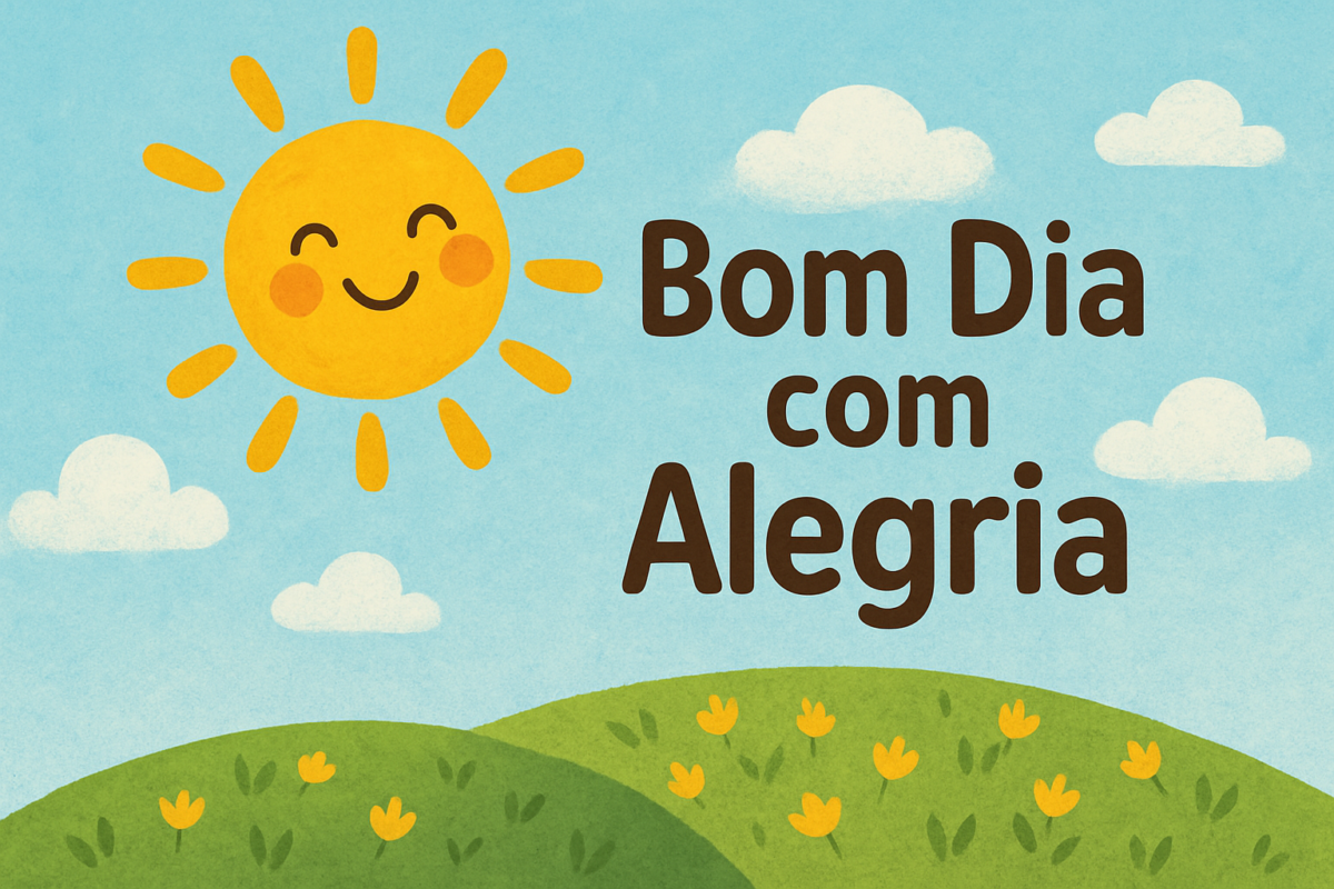 Bom dia com lindas mensagens: escolha a mais bela e envie para os amigos e familiares 5 Sol desenhado com rosto feliz nascendo sobre colinas verdes e flores com texto 'Bom Dia com Alegria'