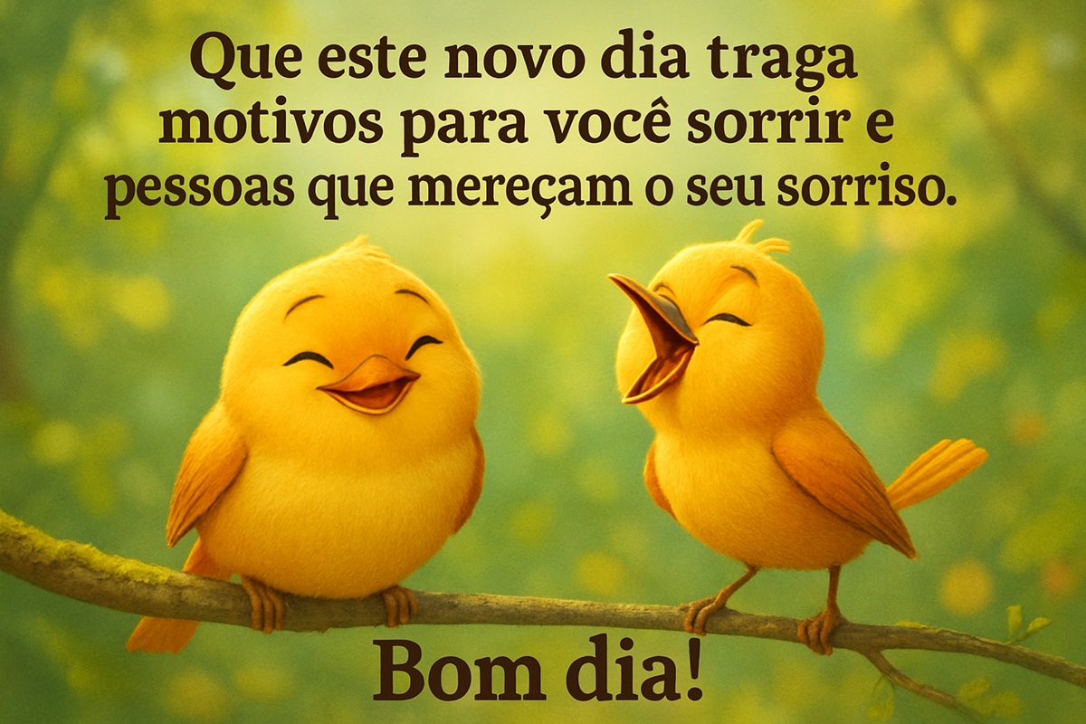 Bom dia com lindas mensagens: escolha a mais bela e envie para os amigos e familiares 2 Dois passarinhos amarelos sorrindo em um galho com mensagem de bom dia