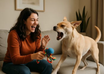 Mulher sorrindo brinca com cachorro em um sofá