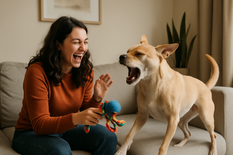 Não é alergia: Se o seu cachorro espirra durante a brincadeira, ele está enviando este sinal importante 1 Mulher sorrindo brinca com cachorro em um sofá