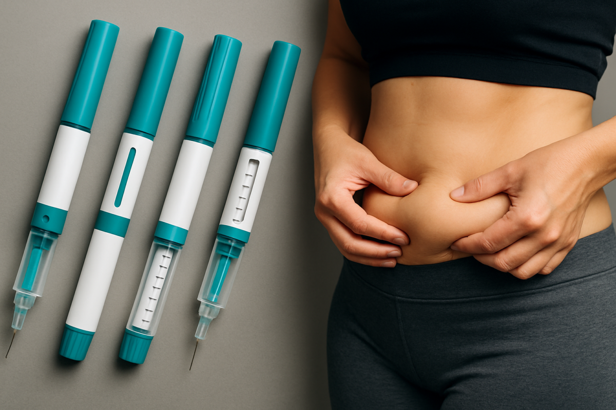 Cuidado! Anvisa alerta para uso inadequado de canetas emagrecedoras 2 Canetas de aplicação de medicamento para emagrecimento ao lado de pessoa apertando a pele do abdômen