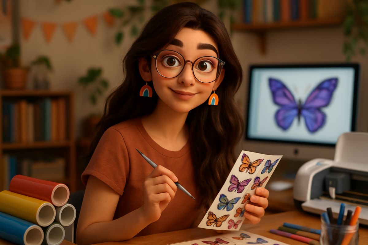 Entre na Trend: Aprenda a gerar caricaturas criativas com o ChatGPT 2 Ilustração digital de uma jovem artista sorridente com óculos redondos e brincos de arco-íris, cercada por materiais de artesanato, borboletas e um computador com design gráfico.