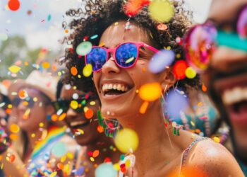 Uma mulher jovem sorridente com cabelos cacheados, usando óculos escuros de armação rosa vibrante, celebra em meio a uma chuva de confetes coloridos. Ela está cercada por outras pessoas felizes em um ambiente ensolarado ao ar livre, transmitindo uma sensação de euforia e liberdade.