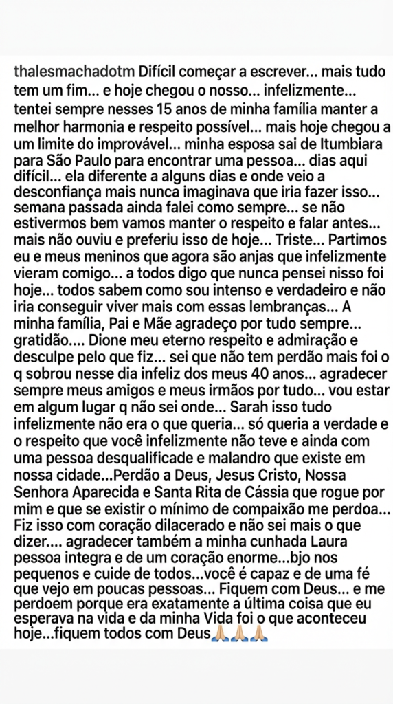 Tragédia familiar em GO: secretário mata filhos e posta carta de despedida antes de tirar a própria vida 2 Captura de tela com longo texto refletindo sobre fim de relacionamento e sentimentos intensos