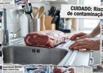 Grande peça de carne crua sendo descongelada sobre pia de cozinha com mãos próximas