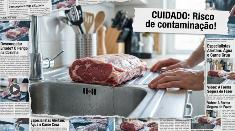 Cuidado: O erro que quase todo mundo comete ao descongelar carne e que pode causar contaminação 1 Grande peça de carne crua sendo descongelada sobre pia de cozinha com mãos próximas