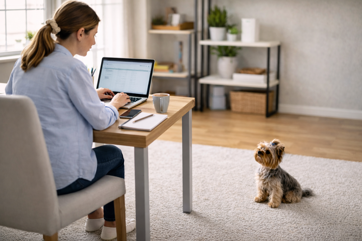 Não é alergia: Se o seu cachorro espirra durante a brincadeira, ele está enviando este sinal importante 2 Mulher digitando no notebook enquanto cachorro pequeno está sentado no tapete