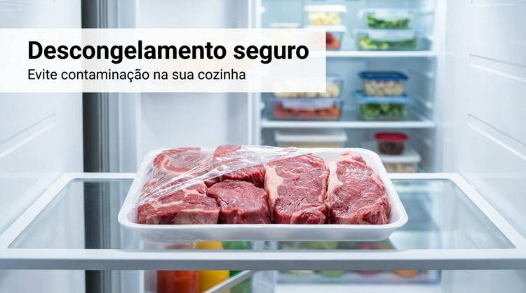 Cuidado: O erro que quase todo mundo comete ao descongelar carne e que pode causar contaminação 2 Bandeja de carne crua coberta com plástico filme colocada em prateleira de geladeira aberta