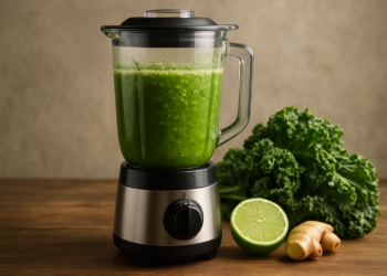 Liquidificador com suco verde, limão, gengibre e couve