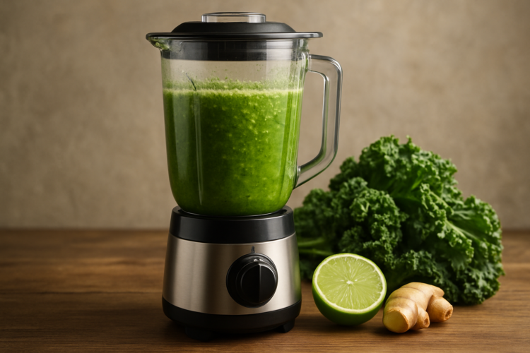 O suco de 3 ingredientes que "limpa" o organismo e ajuda a desinchar 1 Liquidificador com suco verde, limão, gengibre e couve