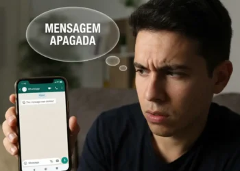 Homem olhando mensagem apagada no WhatsApp e buscando forma de recuperar conversa excluída