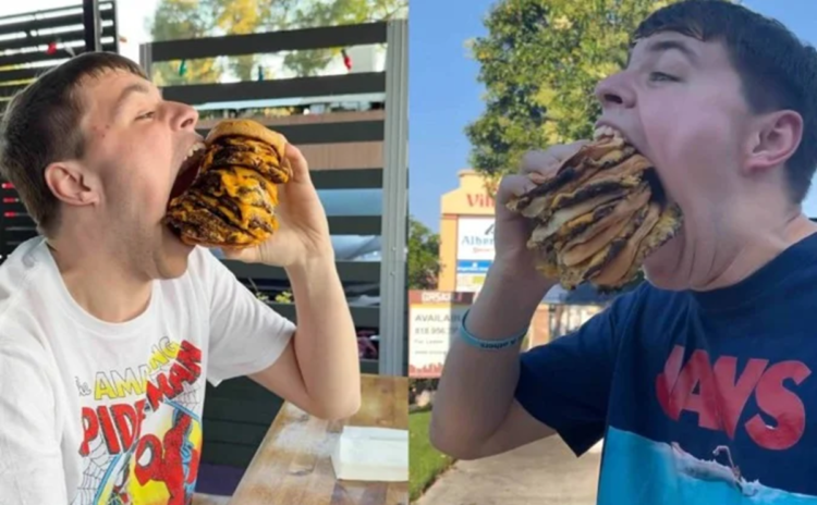 Inacreditável: Conheça o homem que detém o recorde de 'maior boca do mundo'; ele consegue colocar uma lata de refrigerante inteira! 1 Isaac Johnson abocanhando hambúrgueres gigantes demonstrando a abertura impressionante de sua boca