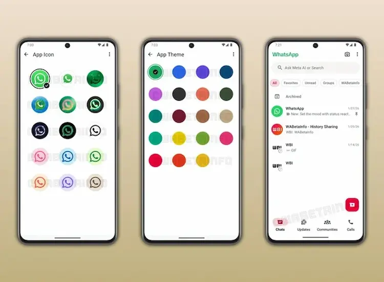 Novidade no WhatsApp: troca de cor e ícone confirmada, mas há um detalhe 2 Opções de personalização do WhatsApp no Android com novos ícones e cores de tema exibidas em versão beta.