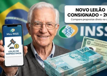 Idoso sorridente segura celular com app do INSS ao lado de cédulas de R$ 100 e documento previdenciário