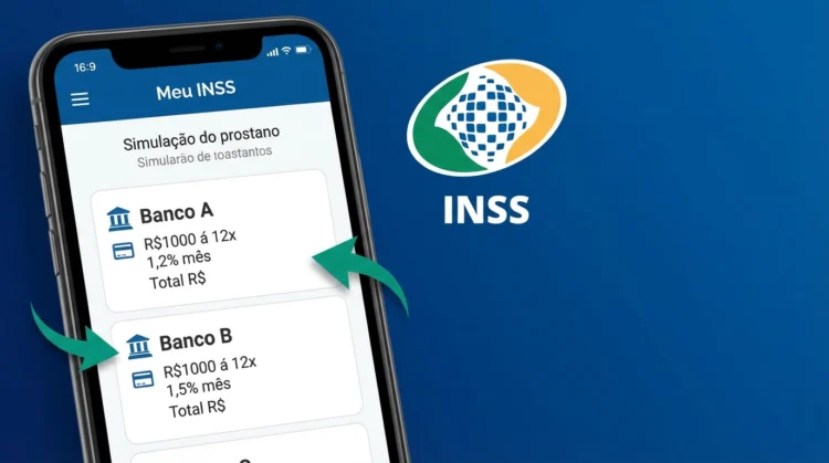 INSS anuncia leilão do consignado para aposentados e pensionistas; saiba como será 2 Celular exibe tela do app Meu INSS com simulação de empréstimos consignados de dois bancos diferentes.