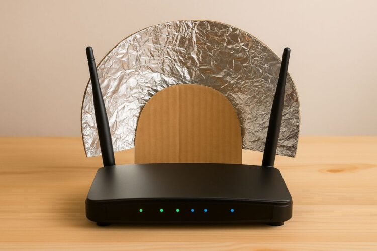 O truque do papel alumínio atrás do roteador: Por que você deve fazer isso para melhorar o sinal do Wi-Fi hoje 1 Roteador branco ligado com folhas de papel alumínio posicionadas atrás das antenas