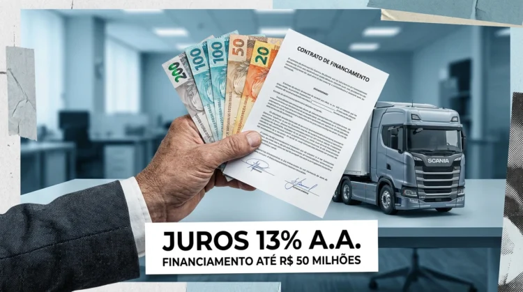 Quase R$ 2 bilhões liberados pelo Move Brasil para ajudar no financiamento de caminhões 2 Mão segura notas de reais e contrato de financiamento ao lado de caminhão em mesa de escritório.