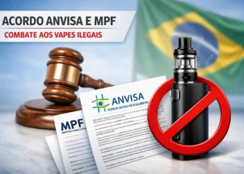 Martelo de juiz, papéis da Anvisa e MPF e vape proibido à frente de bandeira do Brasil.