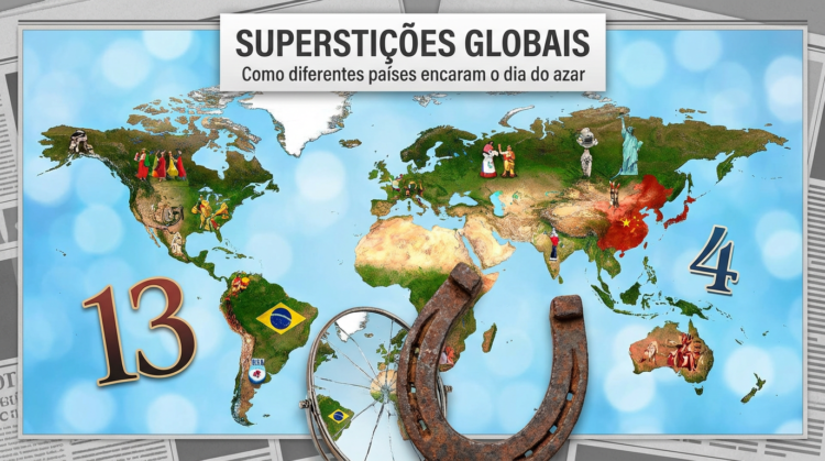 O que dizem as lendas sobre o que não devemos fazer na sexta-feira 13? 2 Mapa do mundo com imagens de símbolos de superstições, ferradura, espelho quebrado e números 13 e 4 destacados