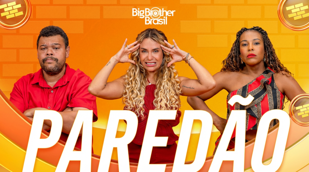BBB 26: programação de terça (10/02) promete fortes emoções; confira 2 Três participantes do BBB posam lado a lado, expressando tensão e expectativa diante do paredão