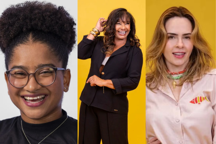 Armadilha no BBB 26! Líder pode acabar na Xepa no próximo sábado 1 Montagem horizontal com três fotos de participantes do BBB 26. À esquerda, Milena sorri usando óculos de grau; ao centro, Solange posa com blazer preto e mãos no cabelo; à direita, Ana Paula Renault veste camisa clara com estampa de peixe. O fundo das fotos centrais é amarelo vibrante.