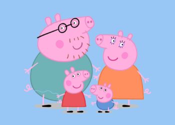 Ilustração da família da personagem Peppa Pig sobre um fundo azul claro, representando desenhos animados populares consumidos por crianças.