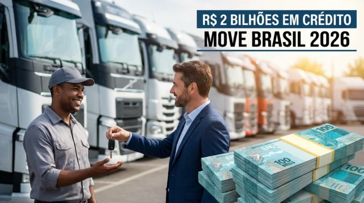 Quase R$ 2 bilhões liberados pelo Move Brasil para ajudar no financiamento de caminhões 1 Homem sorridente recebe chave de caminhão em pátio com frotas e pilha de notas de R$ 100 ao lado.