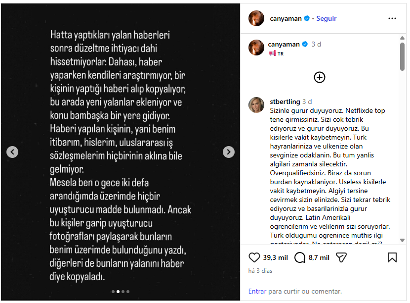 Galã de novelas turcas foi preso em operação e desabafa 2 Texto em turco em fundo preto com relatos sobre fake news ao lado de comentários em português no Instagram