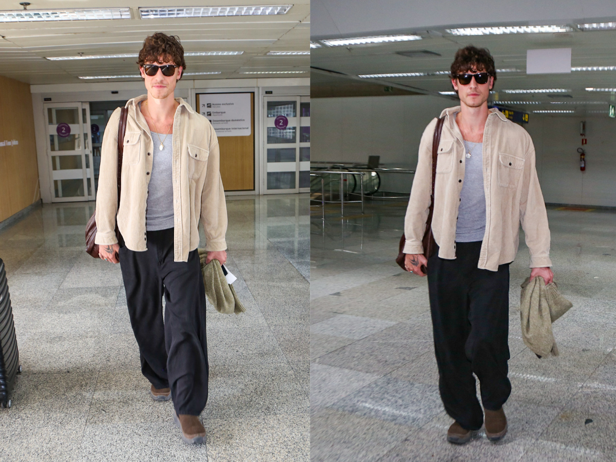 Shawn Mendes chega ao Rio depois de 2 semanas longe de Bruna Marquezine; veja vídeo 2 Montagem de duas fotos do cantor Shawn Mendes caminhando pelo Aeroporto do Galeão no Rio de Janeiro. Ele usa uma camisa de veludo cotelê bege aberta sobre uma regata cinza, calças largas pretas e óculos de sol escuros. Ele segura uma peça de roupa verde e carrega uma mala marrom no ombro.