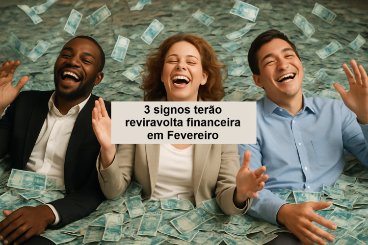 Os 3 signos que terão uma reviravolta financeira positiva neste mês de fevereiro 1 Três pessoas sorrindo e celebrando entre várias notas de dinheiro