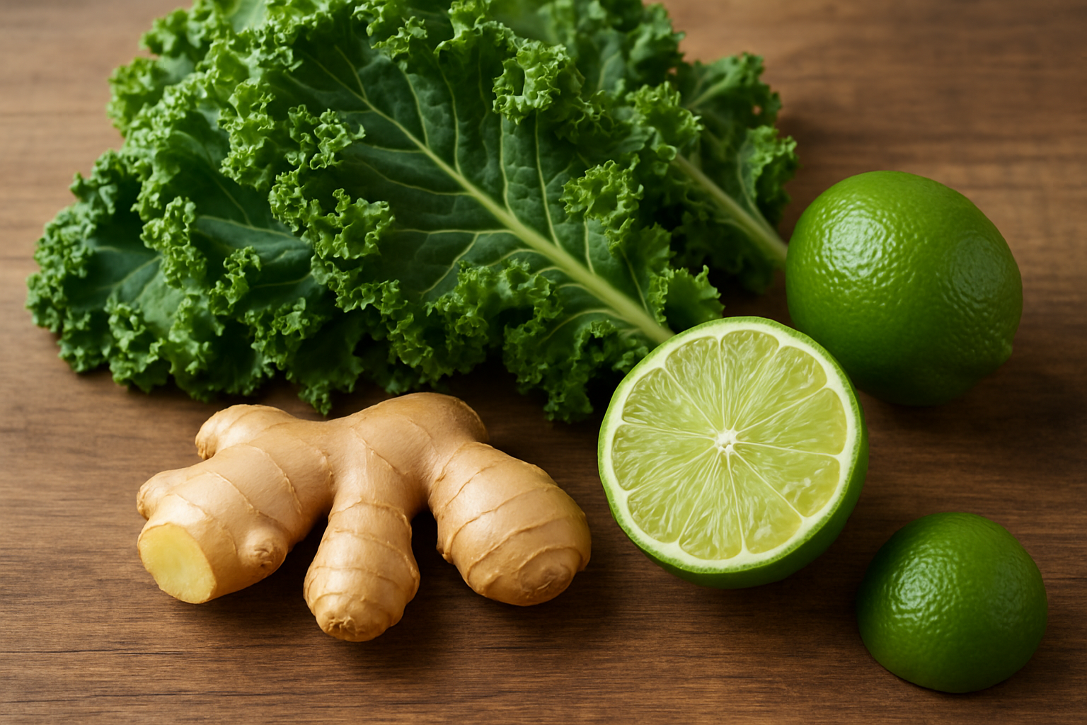O suco de 3 ingredientes que "limpa" o organismo e ajuda a desinchar 2 Folhas de couve, gengibre fresco e limão cortado sobre mesa de madeira