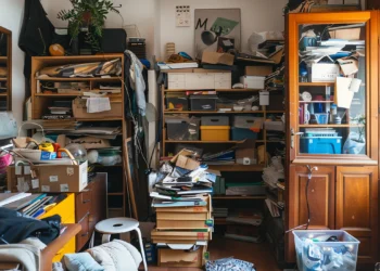 Sala desorganizada com pilhas de objetos e papéis, representando o transtorno de acumulação e o medo do futuro.