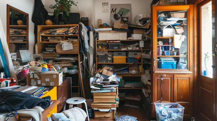 O que acontece se você não consegue jogar nada fora? Psicólogos explicam a ligação entre o acúmulo e o medo do futuro 1 Sala desorganizada com pilhas de objetos e papéis, representando o transtorno de acumulação e o medo do futuro.