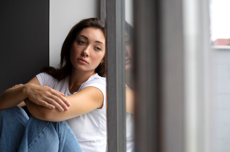 Por que sentimos a "Depressão de Domingo"? A psicologia explica o fenômeno e como o seu cérebro reage ao fim do descanso 2 Mulher com expressão pensativa e melancólica, sentada junto a uma janela de vidro, abraçando os próprios joelhos enquanto olha para o horizonte.