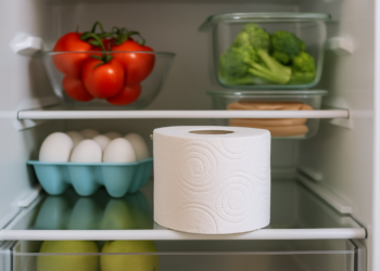 Rolo de papel higiênico dentro de uma geladeira